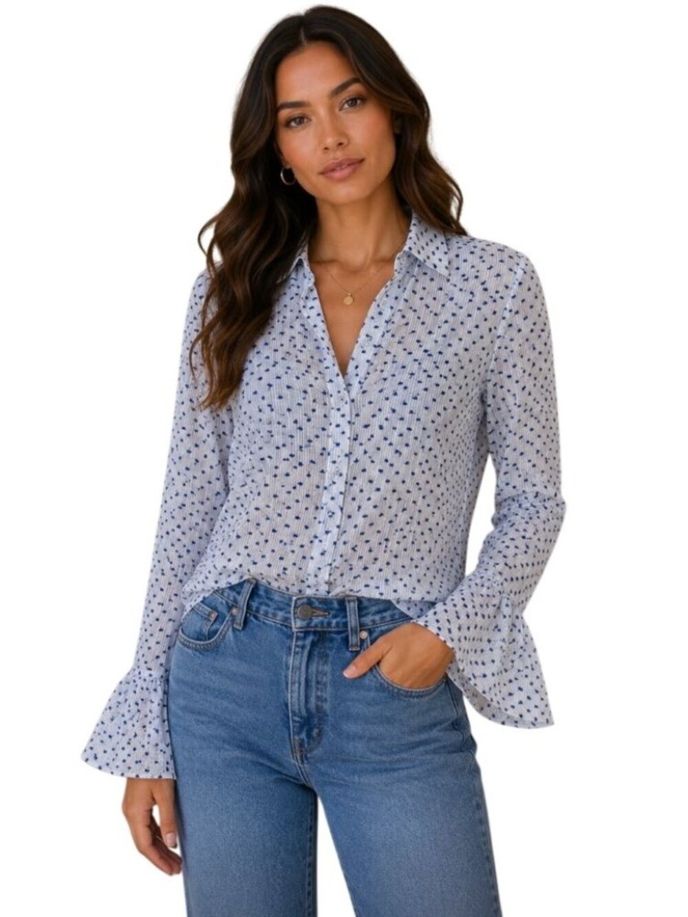 Derek Lam 10 Crosby Textured Blouse Blue w/ Bell Cuffs - Size 2